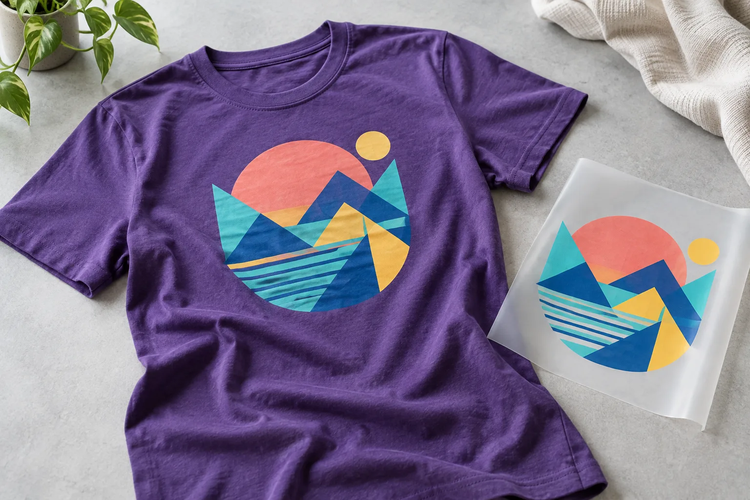 Playera violeta con impresión textil multicolor